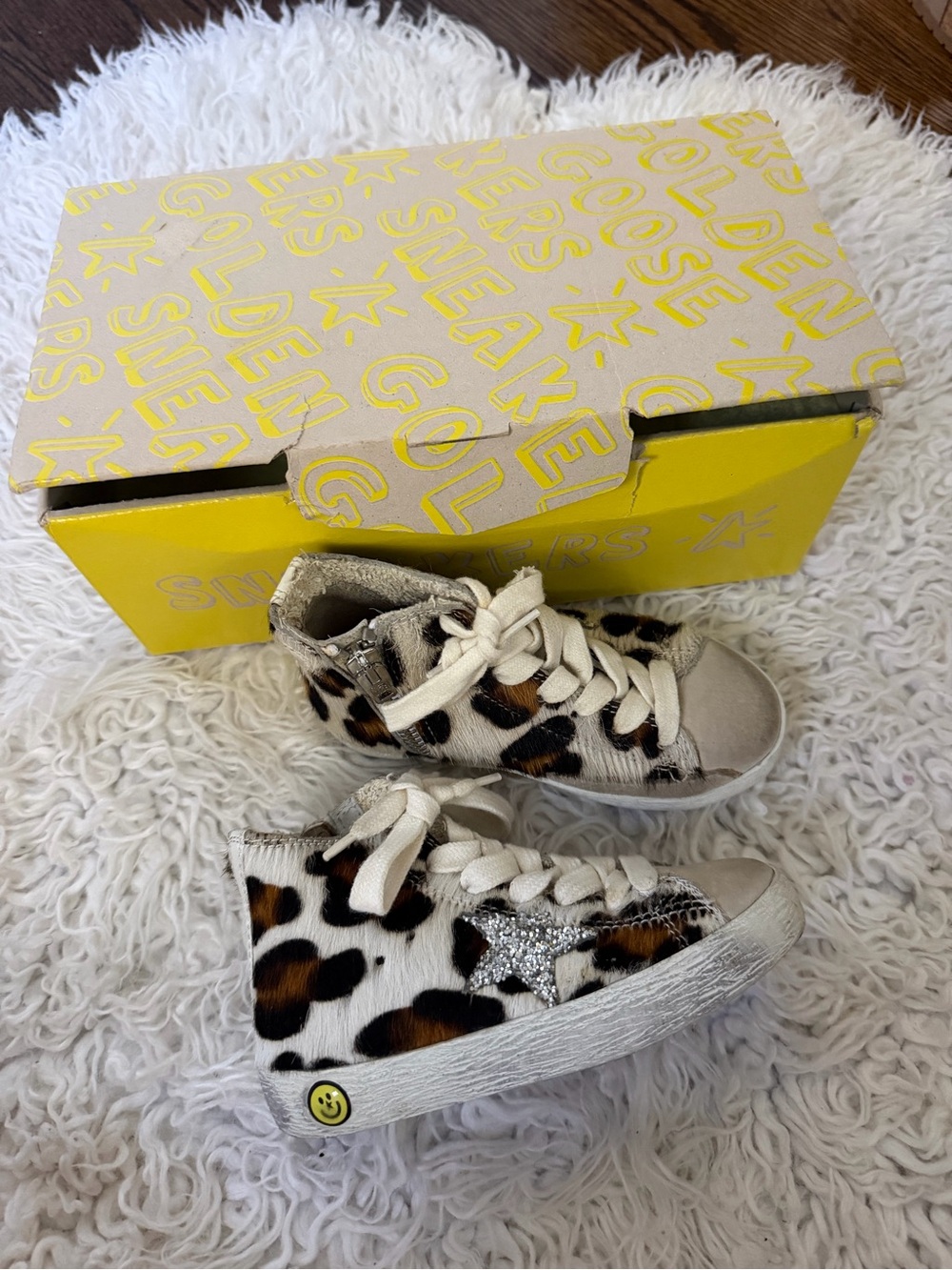 Golden Goose Kids Leopard-Print High Top Sneakers with Silver Star